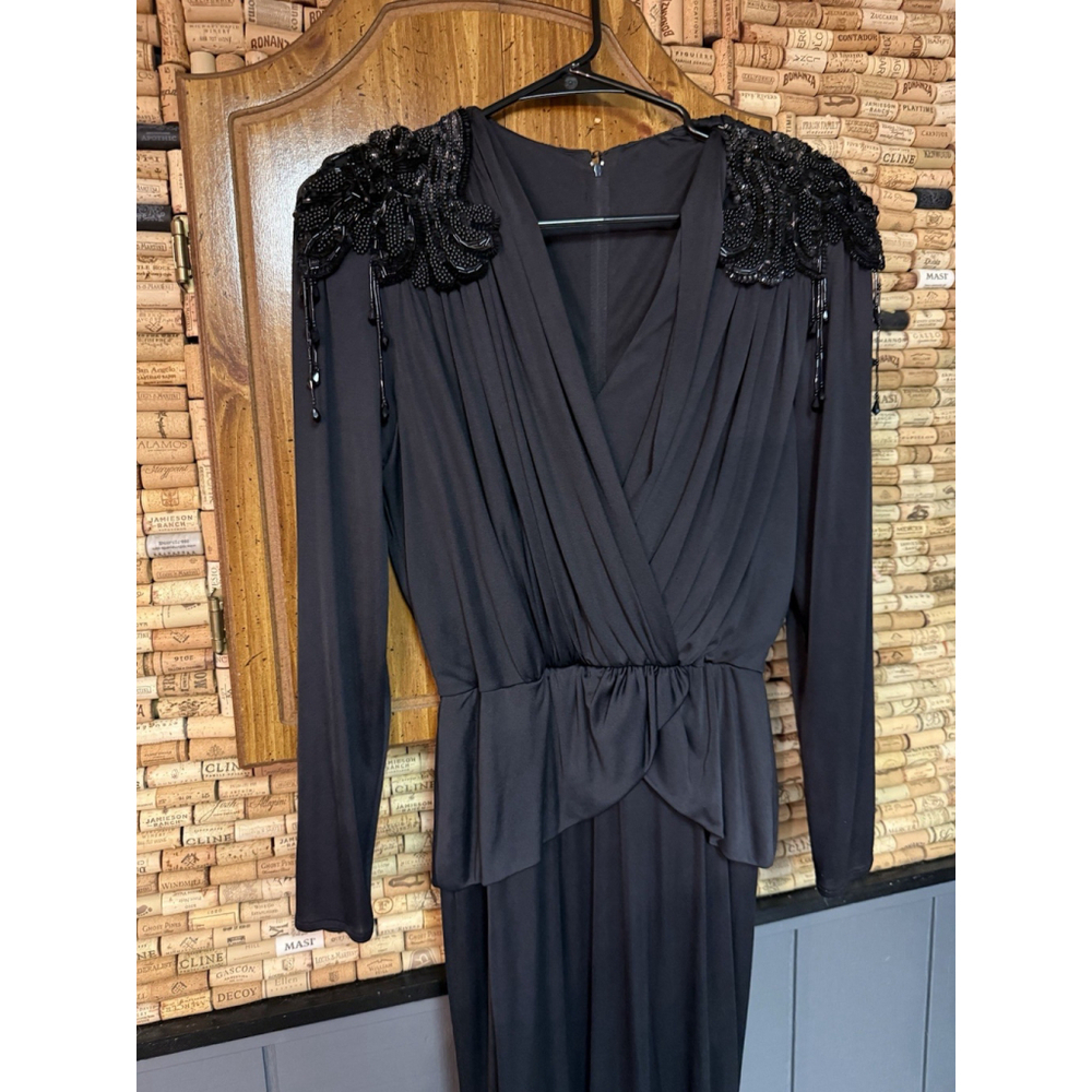 Vintage 80s Miss Elliette California black sequin Shoulder VNeck Evening Gown 12 - Picture 2 of 10